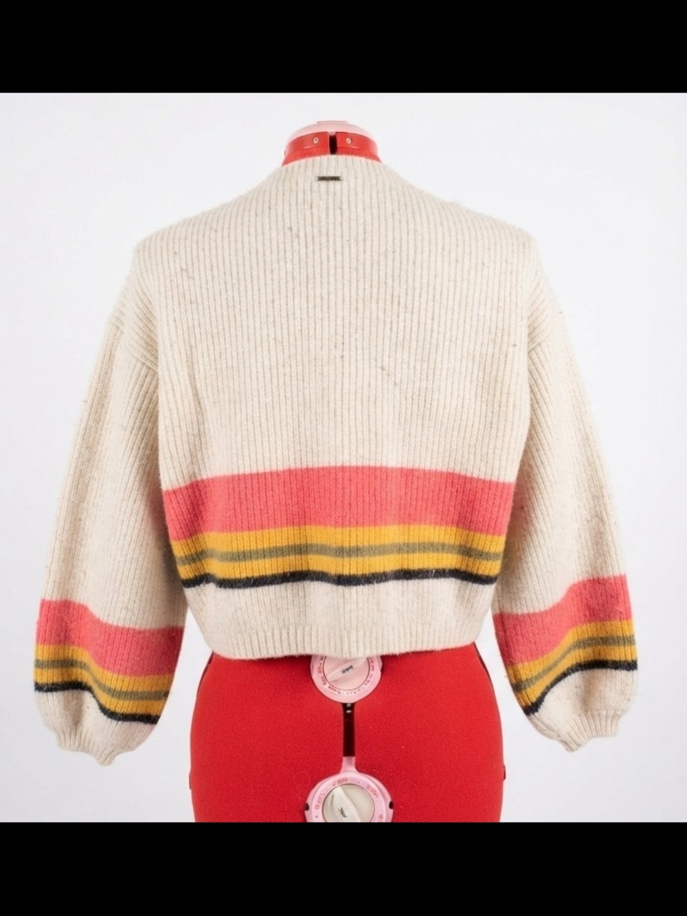 Billabong Chunky Knit Striped Open Front Cardigan Sweater Boho Balloon Sleeve M - Picture 3 of 3